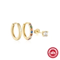 Three-piece S925 sterling silver set with colorful zircon hoop and diamond stud earrings - Rainbow Pave And Smooth Hoop Mix (No.2 Gold)
