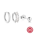 S925 sterling silver three-piece earring set with hoop, crystal and stud bead charm - Smooth And Baguette Zircon Mix (No.4 Platinum)
