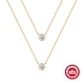 Double-layered 925 sterling silver gold necklace featuring a classic bezel-set diamond pendant - Gold