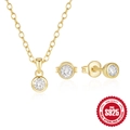 Conjunto de joyas de plata de ley 925 con collar y pendientes de circonita redonda - Plata 925 / Dorado
