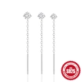 Set of three 925 sterling silver four-claw diamond tassel chain earrings on white background - Silver Long Ear Threader Set / White Gold