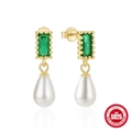 925 silver vintage earrings with square green gemstone and white teardrop pearl - Rectangle Gemstone (Green) / Gold-Green Zirconia