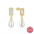 925 silver gold-plated pearl drop earrings with sparkling square cut zircon stones - Rectangle Gemstone (White) / Gold-White Zircon