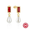 Elegant S925 sterling silver drop earrings with red square stones and teardrop pearls - Rectangle Gemstone (Red) / Gold-Red Zirconia