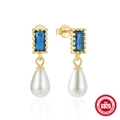 Vintage S925 sterling silver drop earrings with blue square zircon and white teardrop pearl - Rectangle Gemstone (Blue) / Gold-Blue Zirconia