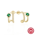 Elegantes pendientes en C de plata S925 dorada con gemas verdes cuadradas y circonitas - Estilo de Doble Anillo de Esmeralda en Forma de C (#1 Oro)
