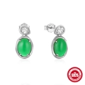Klassische 925 Sterling Silber Ohrstecker mit ovalem grünem Smaragd und Tropfen-Zirkon - Grüner Ovaler Edelsteinstil / Weißgold