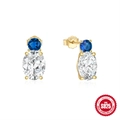Pendientes clásicos de plata 925 con gema azul redonda y circón ovalado claro - Diamantes de imitación azules / Dorado