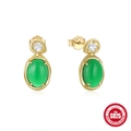 Elegantes pendientes de plata de ley S925 con piedras verdes ovales y circonitas blancas - Estilo de Piedra Preciosa Ovalada Verde / Dorado
