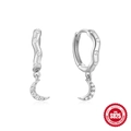 Elegant 925 sterling silver moon drop earrings with pavé crystals on a white background - Wave Moon-Platinum Silver