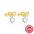 S925 sterling silver bow and heart dangle earrings in gold and silver two-tone finish - Two-tone Bowknot Heart Style / Gold and Silver Two-tone