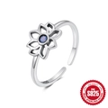 Elegant S925 sterling silver open ring with hollow flower design and blue opal center - Adjustable Open / Hollow Flower Style