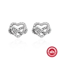 S925 Sterling Silver heart stud earrings with cubic zirconia and forever love engraving - Angel Wings Forever Love Heart Style (#6)