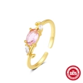 Elegant S925 silver adjustable ring with pink oval stone and zircon leaves in gold finish - Gold Pink Oval Zircon Leaf Style