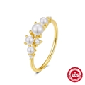 Elegant gold-plated S925 silver ring featuring four white pearls and zircon accents - Size 7 / Four Artificial Pearls and Three Zirconia Style (Gold #3) / Gold #3