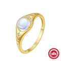 Vintage gold moonstone signet ring in S925 sterling silver with star and moon engraving - Gold #7
