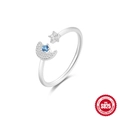 Bague ouverte en argent S925 avec motifs lune et étoile et cristaux bleus brillants - Étoile Lune Zircone Bleue (Plaqué Argent)