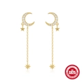 Élégantes boucles d'oreilles S925 en argent avec pompon et pendentifs lune et étoile - Style Pompon Lune Étoile / Or