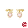 Elegant S925 sterling silver bow earrings with pink heart cat-eye stone and small diamonds - Gold Pink Cats Eye Bowknot Style / Gold + Pink Cat's Eye