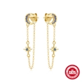 Golden S925 sterling silver tassel earrings with blue sapphire moon and star charms - Blue Moon and Star Tassel Style