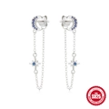 Elegant S925 sterling silver moon and star tassel earrings with blue cubic zirconia - Silver Moon and Star Tassel Style