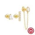 Gold S925 sterling silver three-piece earring set with pear-cut zircon and chain fringe - Pear Cut Zirconia Chain Tassel Style (Style 3) / Gold