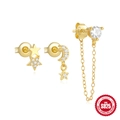Gold S925 sterling silver star and moon earring set with sparkling zircon insets - Gold