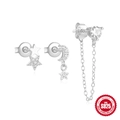 S925 sterling silver ear studs set with star moon charms and sparkling zircons - Star and Moon Chain Style (Style 1) / Silver