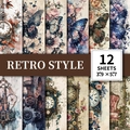 Retro style decorative scrapbooking paper featuring butterfly and flower motifs, 12 sheets set - T01042032 British Style Butterfly And Floral Pendulum Clock - Material Paper