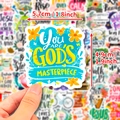 Wasserdichter Aufkleber You Are Gods Masterpiece auf blauem Hintergrund mit Blumenmotiv - Vintage Religiöser Inspirierender Stil (T01042133) / 50 Blatt