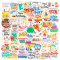 Close-up of birthday stickers featuring cartoon animals, cakes, and party decorations - Cartoon Animal Birthday Style (T01041328)