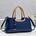 Glossy navy blue patent leather handbag with gold braided handle and metallic crescent buckle - 34*11*16CM / Dark Blue