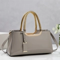 Grey patent leather handbag featuring a sophisticated gold woven handle and long shoulder strap - 34*11*16CM / Gray
