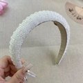 Handmade wide sponge headband with white pearl beads and transparent crystals for women - White Crystal And Beads