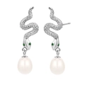 Pendientes de serpiente en plata 925 con circonitas y perlas de gota con diseño de lujo - Estilo Perla (E1830) / Tono Plateado - Con Perla