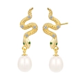 Pendientes de serpiente dorada con ojos verdes y perlas blancas de plata de ley 925 - Estilo Perla (E1830) / Tono Dorado - Con Perla