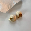 Retro gold metal hoop earrings with creamy marble texture enamel beads for women - Cream Small