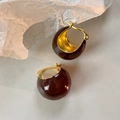 Vintage retro gold-plated round hoop earrings with deep red enamel glaze finish - Brown Large