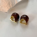 Retro deep brown enamel hoop earrings with a thick gold-plated round base - Brown Small