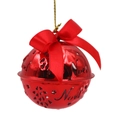 Detail of red metal Noel Christmas bell with hollow star patterns and a big red bow - Noel Style (Random Letters) / Red