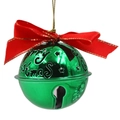 Green metal Christmas bell ornament with Merry Christmas cutout and red ribbon bow - Merry Christmas Style (Random Letters) / Green