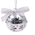 Macro shot of silver metal bell with Peace engraving and white silk bow detail - Peace Style (Random Letters) / Silver