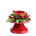 Roter Metall-Weihnachtskerzenhalter mit Deko aus Beeren, Zapfen und Tannennadeln - Kleine Größe Kerzenständer