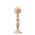 Vintage ivory metal candle holder with elegant carved pillar and glass windproof cover - Medium / White