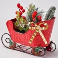 Style A red metal Christmas sleigh with golden bow, pine needles and red berries - Style A (Embossed Wave Sleigh) / Red
