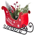 Red metal Christmas sleigh decoration with mini snow-covered tree and berries - Style B (Merry Christmas Print) / Red