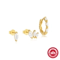 Golden S925 sterling silver earring set with three-stone studs and hoop in marquise cut - Three Stone Marquise Stud Set / Gold Style 3