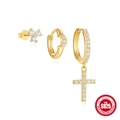 S925 sterling silver gold plated moon and cross earring set with sparkling zircon stones - Star Moon And Cross Earring Set