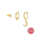 Gold S925 sterling silver three-piece earring set with star and moon charms - Star And Moon Earring Set