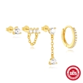 Set of four S925 sterling silver four-leaf clover earrings with 18K gold plating and zircons - Hoop Stud Chain Style (1 Gold Collection) / Gold